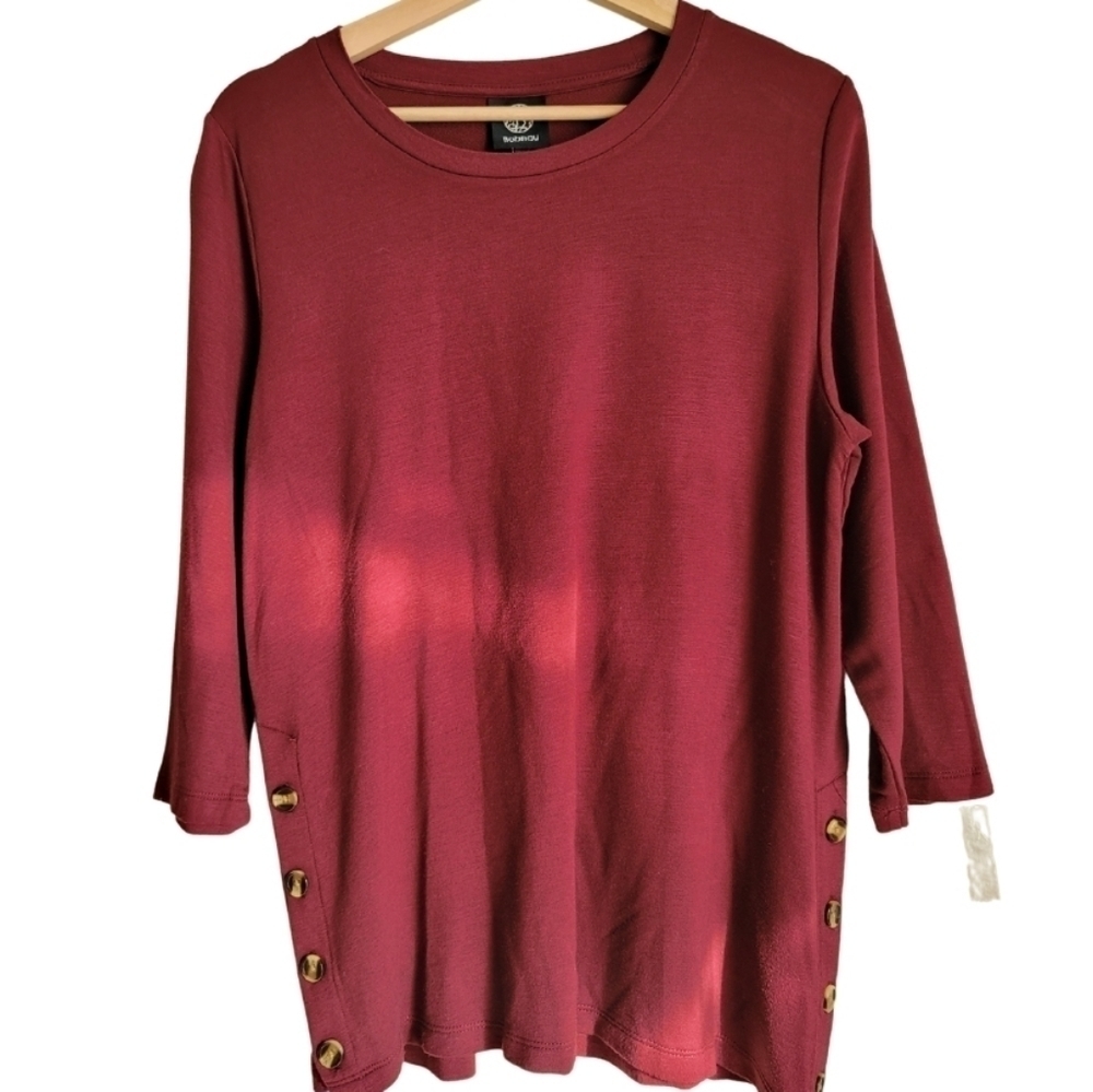 NWT Nordstrom Bobeau Fleece Side Button Pullover Dark Red Top in Size L